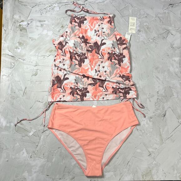 NEW CUPSHE Floral Print Ruched Drawstring Tankini Set SIZE L - Picture 3 of 4